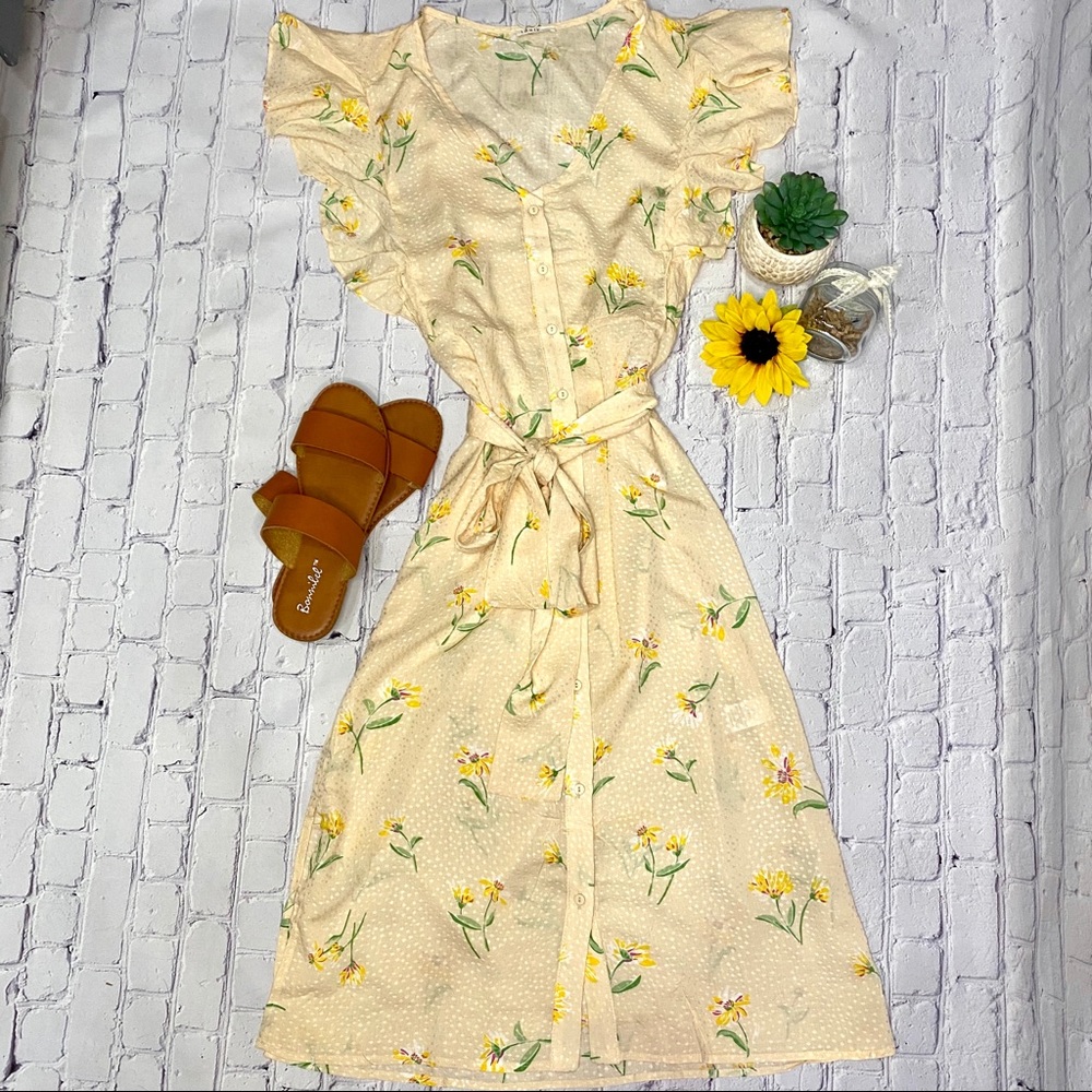 Yellow cream button up floral dress
